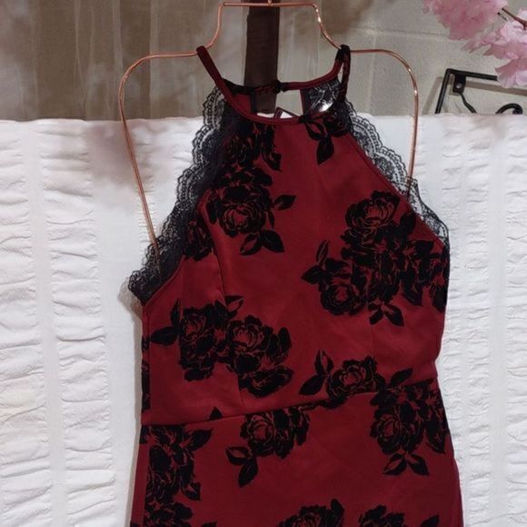 Trixxi Red Floral Bodycon Halter Dress Sz M - Picture 4 of 15